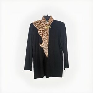 Vintage Leopard Embroidered Blazer Jacket 100% Gold Accents Brooch Animal Print